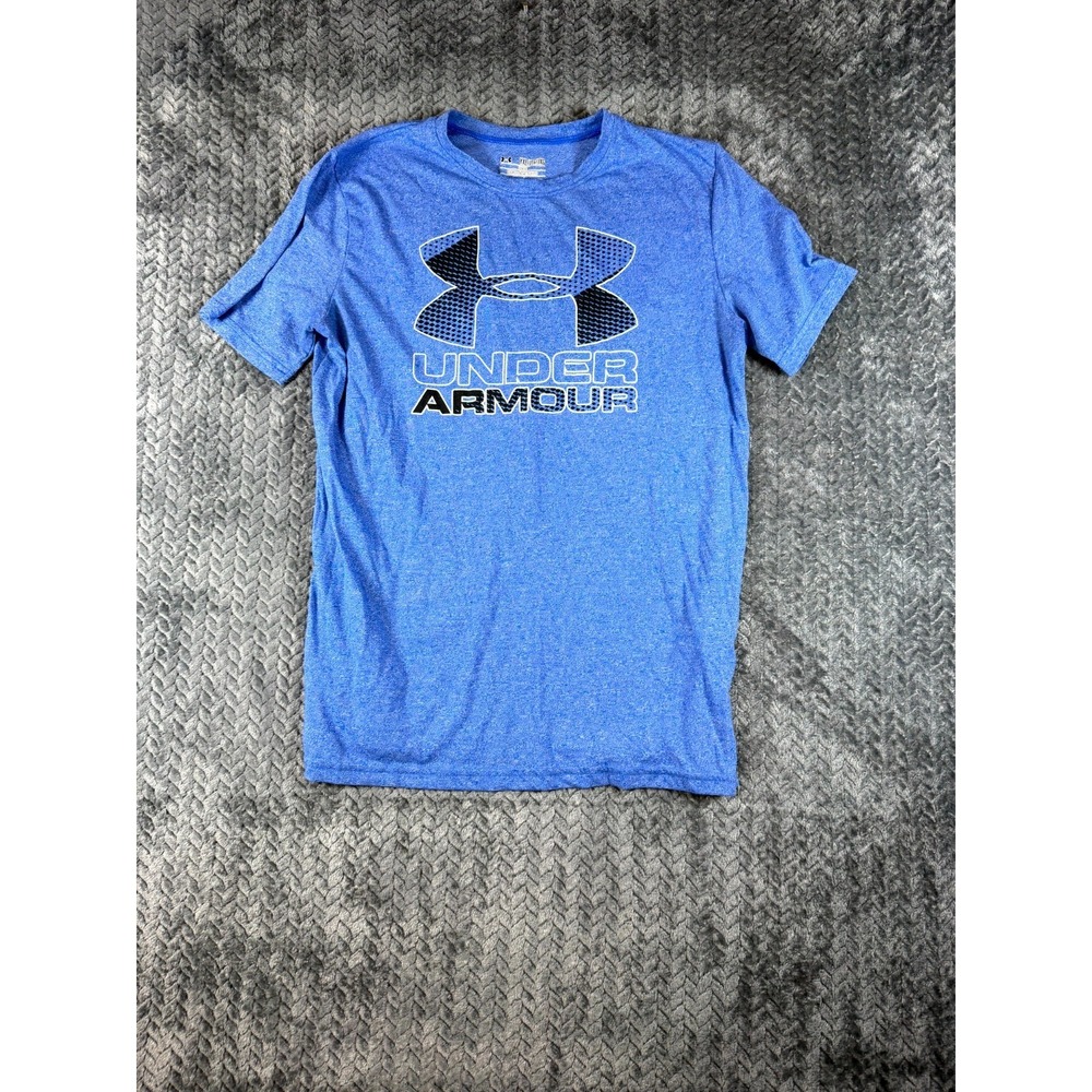 Under Armour Heatgear T-Shirt Boys XL Heather Blue Graphic Logo Casual Loose Fit